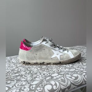 Golden Goose Super-Star Gray/Tan Sneakers with Pink Heel and White Star